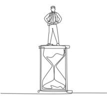 Continuous one line drawing young male worker standing above hourglass. Sandglass to show time management business minimalist concept. Single line draw design vector graphic illustration