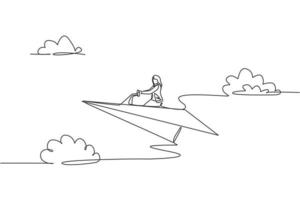 Single continuous line drawing young business woman ride paper plane to achieve business goal. Professional entrepreneur. Minimalism metaphor concept. One line draw graphic design vector illustration