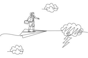 dibujo de línea continua única mujer de negocios joven volar con avión de papel a través de una tormenta. emprendedor profesional. concepto de metáfora del minimalismo. Ilustración de vector de diseño gráfico de dibujo de una línea