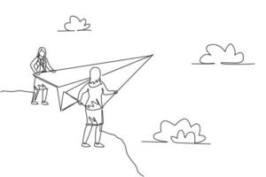 Single one line drawing of two young businesswomen release paper plane from top of the mountain. Business goal. Metaphor minimal concept. Modern continuous line draw design graphic vector illustration