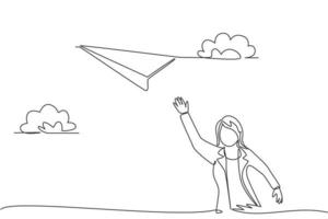 Single continuous line drawing young business woman flies a paper plane up to the sky. Professional entrepreneur. Minimalism metaphor concept. Dynamic one line draw graphic design vector illustration
