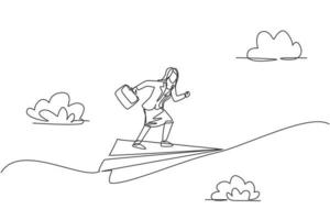 Single one line drawing young businesswoman flying on paper airplane ready to chase business target. Business vision. Metaphor minimal concept. Continuous line draw design graphic vector illustration