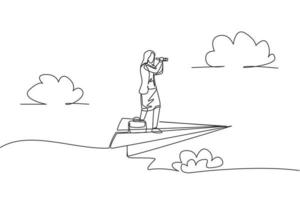Single continuous line drawing young business woman flying with paper plane while analyze market. Success entrepreneur. Minimalism metaphor concept. One line draw graphic design vector illustration