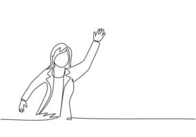 Continuous one line drawing of young female worker waving her hand to greet colleague. Success business manager. Metaphor minimalist concept. Trendy single line draw design vector graphic illustration