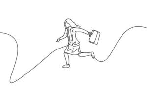 Single continuous line drawing of young business woman jumping high up to the sky. Professional entrepreneur. Minimalism metaphor concept. Dynamic one line draw graphic design vector illustration