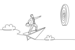 Continuous one line drawing young male worker focus flying with paper air plane into target dartboard. Success business manager. Minimalist concept. Single line draw design vector graphic illustration