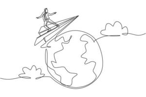 Single one line drawing young smart business man flying with paper airplane around the world. Business trip metaphor concept. Modern continuous line draw. Minimal design graphic vector illustration