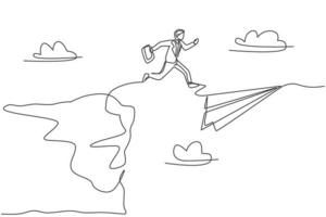 Single one line drawing young smart business man jumping from edge cliff into flying paper aircraft. Business metaphor concept. Modern continuous line draw. Minimal design graphic vector illustration