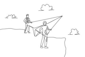 Single one line drawing young businessmen standing on top mountain and holding paper airplane to fly. Business metaphor concept. Modern continuous line draw. Minimal design graphic vector illustration