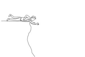 Single continuous line drawing young business man lay down on edge cliff to reach his partner. business teamwork metaphor concept. Minimalism dynamic one line draw. Graphic design vector illustration