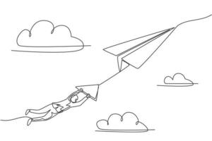 Single continuous line drawing of young business man hanging on flying big paper airplane. Business challenge metaphor concept. Minimalism dynamic one line draw. Graphic design vector illustration