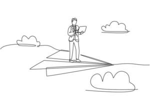 Single one line drawing of young smart business man holding laptop and flying with paper airplane. Business metaphor concept. Modern continuous line draw. Minimal design graphic vector illustration