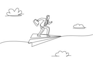 Continuous one line drawing young male worker pose ready to sprint on flying paper airplane. Success business manager metaphor. Minimalist concept. Single line draw design vector graphic illustration