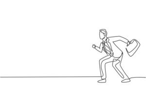 Continuous one line drawing of young male worker ready to sprint to win business competition race. Business metaphor. Minimalist concept. Trendy single line draw design vector graphic illustration