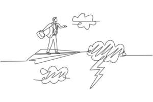 Continuous one line drawing young male worker flying with paper airplane through heavy thunderstorm. Business obstacle metaphor. Minimalist concept. Single line draw design vector graphic illustration