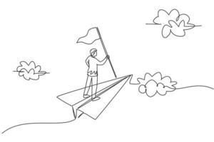 Continuous one line drawing young male leader holding flag while flying with paper aircraft . Success business manager metaphor. Minimalist concept. Single line draw design vector graphic illustration