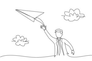 Single continuous line drawing of young business man flies paper airplane into the sky. Professional businessman, metaphor concept. Minimalism dynamic one line draw. Graphic design vector illustration