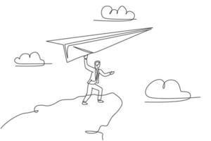 Single continuous line drawing young business man flying big paper airplane from top of hill. Professional businessman metaphor concept. Minimalism one line draw. Graphic design vector illustration