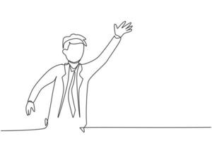 Single one line drawing of young smart business man give hello greeting to his business partner. Business teamwork concept. Modern continuous line draw. Minimal design graphic vector illustration