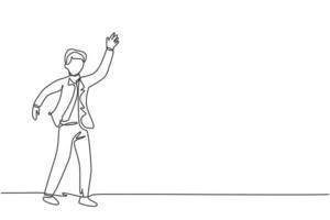 Single continuous line drawing young business man waving hand to his business colleague. Professional businessman teamwork concept. Minimalism dynamic one line draw. Graphic design vector illustration