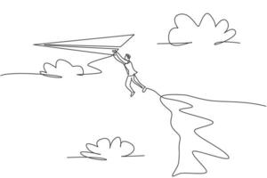 Single continuous line drawing young businessman jumping from cliff edge to reach flying paper airplane. Business metaphor concept. Minimalism dynamic one line draw. Graphic design vector illustration