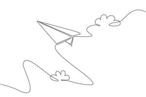 Single one line drawing of paper plane flying high on the sky on white background. Creative origami toy concept. Modern continuous line draw design graphic vector illustration