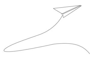 Single one line drawing of paper airplane flying high up to the sky on white background. Paper air craft origami kids game concept. Modern continuous line draw design graphic vector illustration