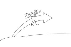 Continuous one line drawing young handsome male worker riding forward arrow while hold briefcase. Success business manager minimal concept. Trendy single line draw design vector graphic illustration