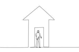 Single continuous line drawing of young business man enter the up arrow shape house. Attractive professional businessman. Minimalism concept dynamic one line draw graphic design vector illustration