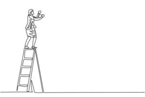 Single continuous line drawing of young female manager climb ladder to fix lamp at the office. Professional businesswoman. Minimalism concept dynamic one line draw graphic design vector illustration