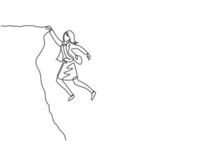 Continuous one line drawing of young female worker struggling and holding edge of cliff. Success business challenge minimalist concept. Trendy single line draw design vector graphic illustration