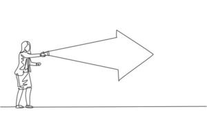 Un solo dibujo de una línea de una joven mujer de negocios inteligente enciende la linterna en luz de flecha hacia adelante. Las ventas comerciales se centran en el concepto mínimo. Ilustración de vector gráfico de diseño de dibujo de línea continua moderna