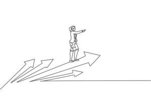 Continuous one line drawing of young female worker riding on forward arrows symbol. Success business manager minimalist metaphor concept. Trendy single line draw design vector graphic illustration