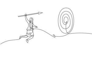 Single one line drawing young smart business woman jumping high to hit target using arrow spear. Business sales growth minimal concept. Modern continuous line draw design graphic vector illustration