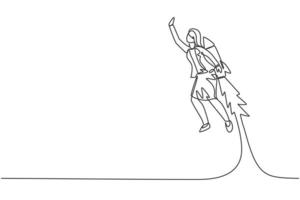 Single one line drawing of young smart business woman flying high using jetpack to reach goal. Business sales growth minimal concept. Modern continuous line draw design graphic vector illustration