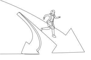 Single one line drawing young smart business woman running on crossroads an choose straight way. Business sales growth minimal concept. Modern continuous line draw design graphic vector illustration