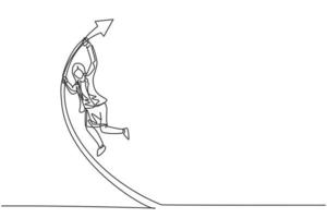 Single continuous line drawing of young female manager pole vault jumping high to reach target. Professional businesswoman. Minimalism concept dynamic one line draw graphic design vector illustration