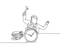 Single continuous line drawing young stressful business man hit the alarm clock with hammer. Minimalism metaphor business deadline concept. Dynamic one line draw graphic design vector illustration