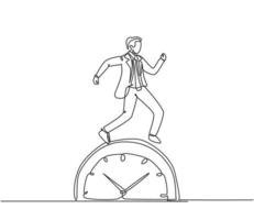 dibujo de línea continua única joven empresario caminando sobre el gran reloj analógico. concepto de plazo de negocio de metáfora de minimalismo. Ilustración de vector de diseño gráfico de dibujo de una línea dinámica