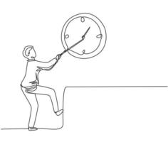 Continuous one line drawing young male worker pulling clockwise big analog clock on the wall. Time management business minimalist concept. Single line draw design vector graphic illustration