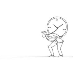 Single one line drawing of young business man shouldered heavy big analog clock with his back. Business time discipline metaphor concept. Modern continuous line draw design graphic vector illustration