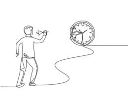 Un solo dibujo de una línea de un joven hombre de negocios golpeó el reloj analógico en la pared con una flecha de dardo. concepto de metáfora de disciplina de tiempo de negocios. Ilustración de vector gráfico de diseño de dibujo de línea continua moderna