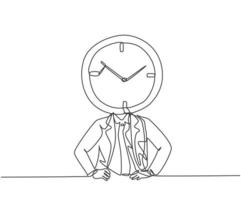 dibujo de una sola línea de hombre de negocios joven con cabeza de reloj analógico en la oficina. concepto de metáfora de disciplina de tiempo de negocios. Ilustración de vector gráfico de diseño de dibujo de línea continua moderna