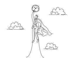 Single continuous line drawing young business man flying to the sky to reach analog clock. Minimalism metaphor business deadline concept. Dynamic one line draw graphic design vector illustration