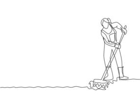 Single continuous line drawing young female farmer leveling the ground using a rake. Start a new planting season. Farming minimalism concept. Dynamic one line draw graphic design vector illustration.