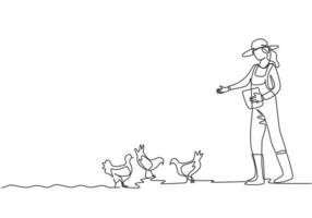 El dibujo de una sola línea de una joven agricultora está alimentando a los pollos con alimento para pollos. concepto mínimo de actividades de desafío agrícola. Ilustración de vector gráfico de diseño de dibujo de línea continua moderna.