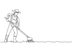 Continuous one line drawing young male farmer leveling the ground using a rake. Start a new planting season. Successful farming minimalist concept. Single line draw design vector graphic illustration.