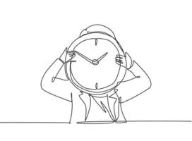 Continuous one line drawing young woman worker holding analog clock head at the office. Time management business discipline metaphor concept. Single line draw design vector graphic illustration.