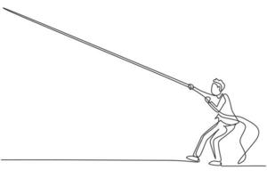 Continuous one line drawing young male entrepreneur pulling rope up to reach business target. Business obstacle metaphor minimalist concept. Trendy single line draw design vector graphic illustration
