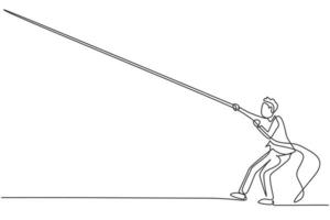 Continuous one line drawing young male entrepreneur pulling rope up to reach business target. Business obstacle metaphor minimalist concept. Trendy single line draw design vector graphic illustration